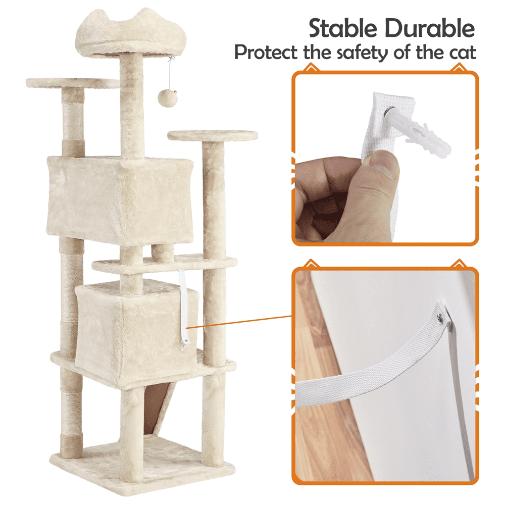 Alden Design 62''H Double Condo Cat Tree with Scratching Post Tower, Beige