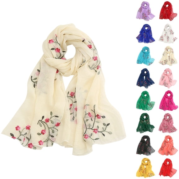 FKMJH Women's Floral Embroidery Chiffon Scarf Lightweight Thin Sheer Shawl Wrap Large Summer Spring Fashion Scarves Neck Head Scarf Travel Sun Protection Gift