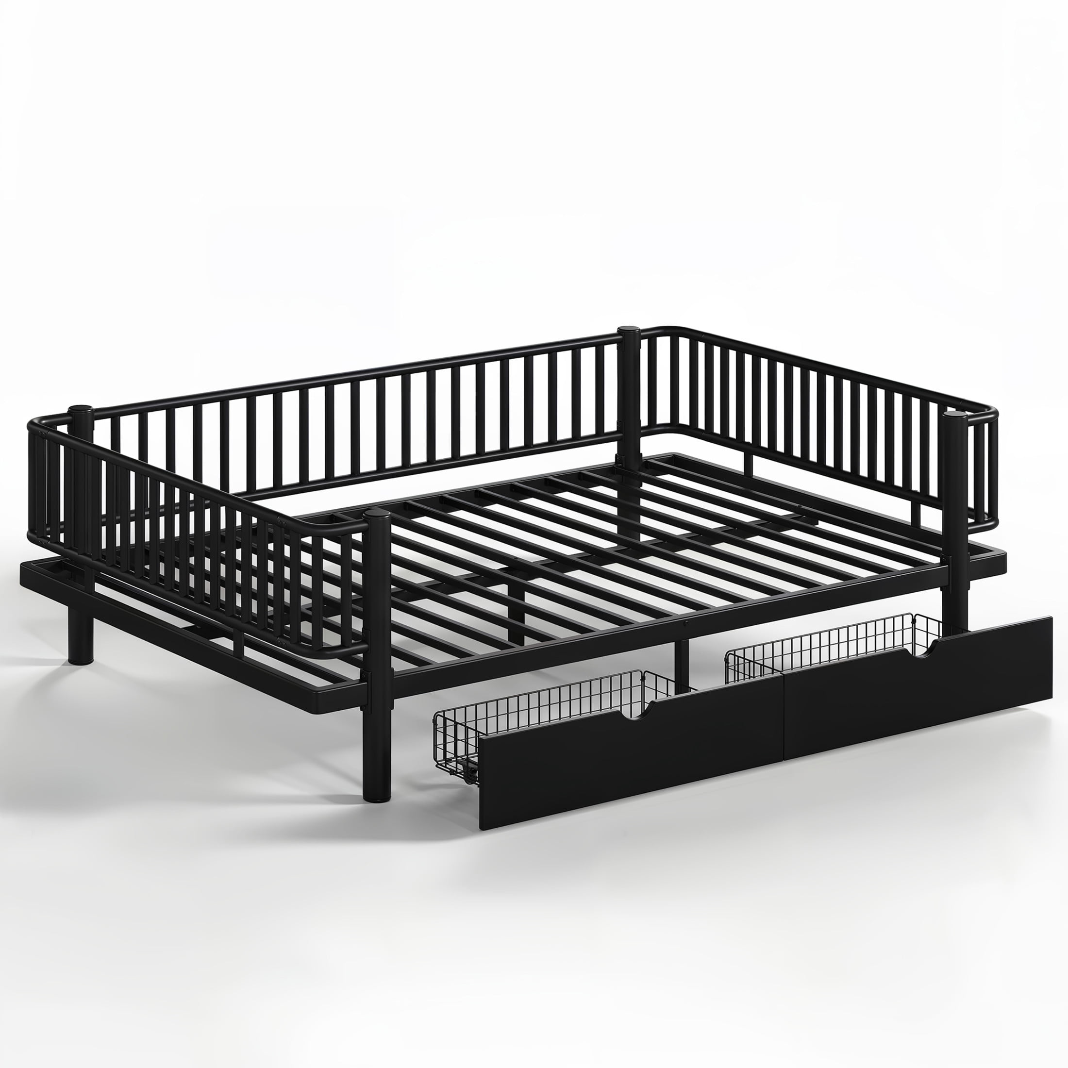 Noble House Queen Size Platform Bed with Storage Drawers, Daybed Frame with Round-Pipe Design, Black