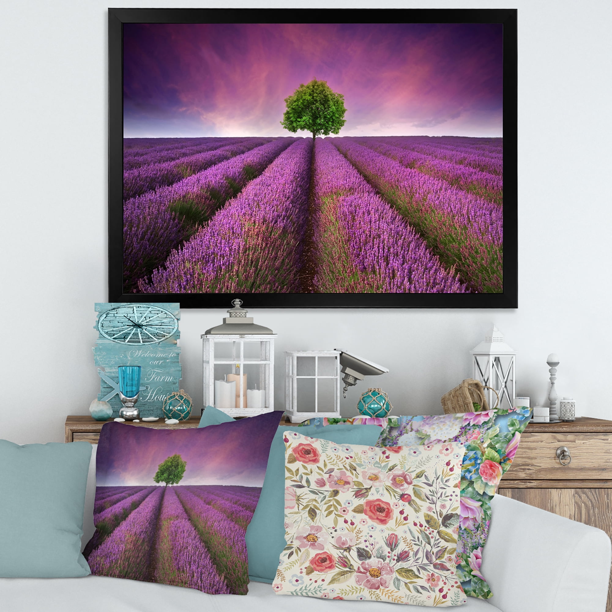 Designart 'Tree With Stunning Lavender Field Summer Sunset' Farmhouse Framed Art Print