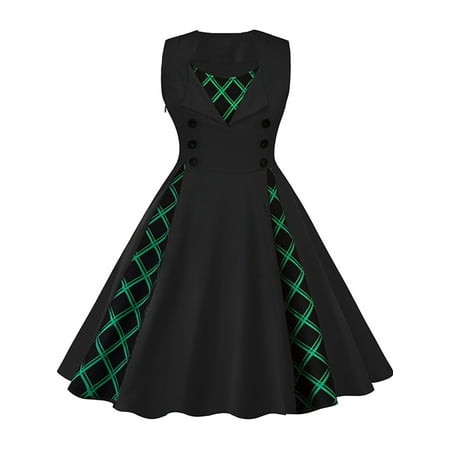Vintage Dress for Women Plus Size 50s 60s Retro Plaid Sleeveless Swing Dress Party Prom Cocktail Ball Gown