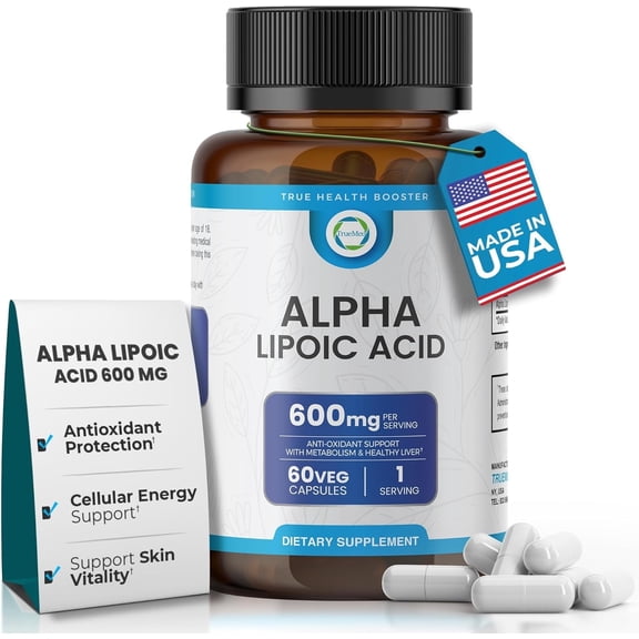 TrueMed Alpha Lipoic Acid 600 mg | Antioxidant & Metabolism Support Supplement | Promotes Cellular Energy, Healthy Aging & Overall Wellness | 60 Capsules