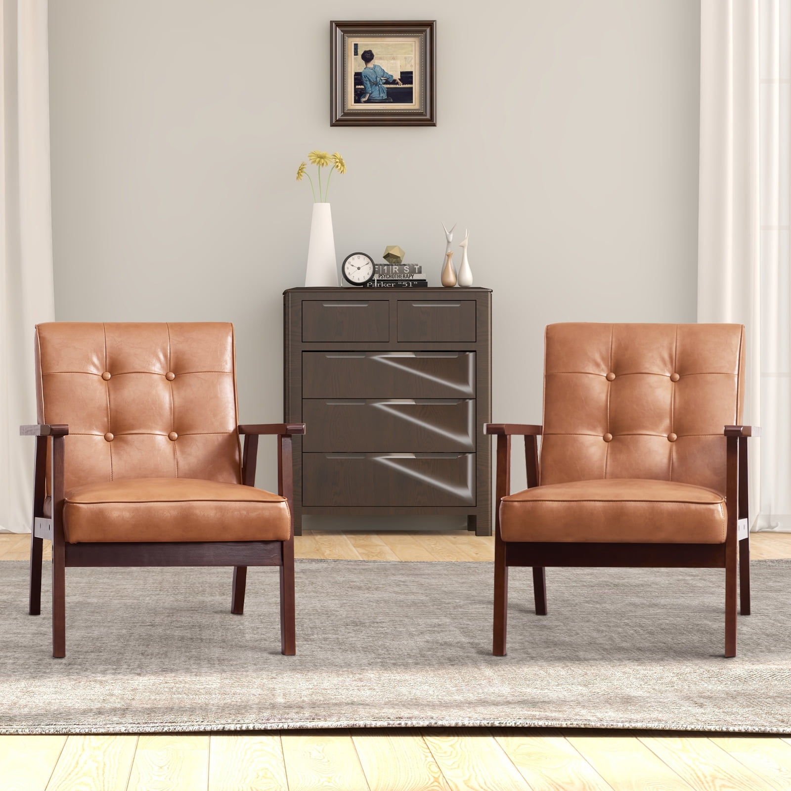 Bonzy Home Accent Chair Set of 2 Mid Century Modern PU Leather Armchair with Wood Frame for Living Room Bedroom Study Room, Easy Assembly, Brown