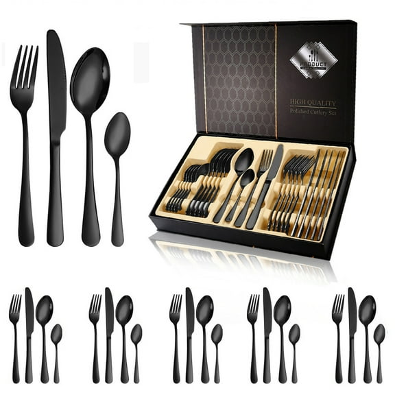 Black Silverware Set, 24-Piece Stainless Steel Flatware Set, Tableware Cutlery Set Service for 6, Utensils for Kitchens, Dishwasher Safe