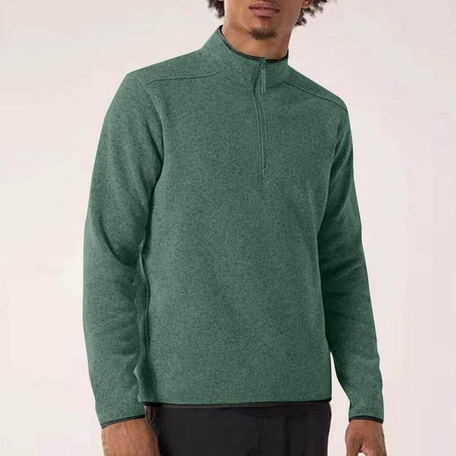 Blusa y camisa de cuello alto de manga larga para hombre, estilo casual, a la moda, de color liso, para correr, fitness, con cremallera elástica alta y bolsillo, cárdigan de media manga, cuello alto,