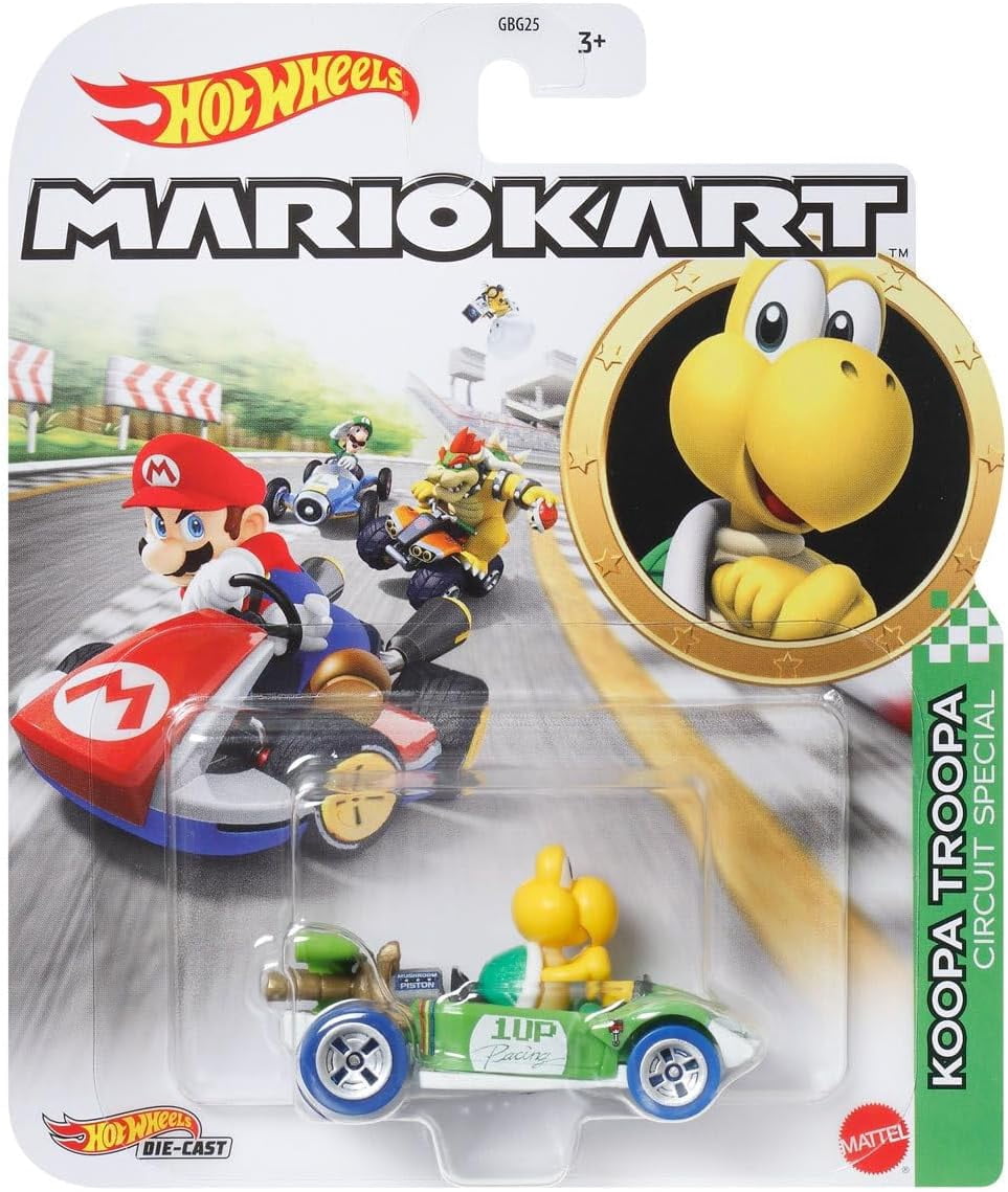 Hot Wheels Mario Kart Die-Cast Character Cars Collection, 6-Pack Set, Toad, Princess Peach, Yoshi, Donkey Kong, Koopa Troopa, Shy Guy Gbg25-957h