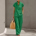 thumbnail image 6 of Linen Sets for Women 2 Piece Summer Casual Short Sleeve V Neck Button down Shirts Matching Loose Wide Leg Pants, M, 6 of 8