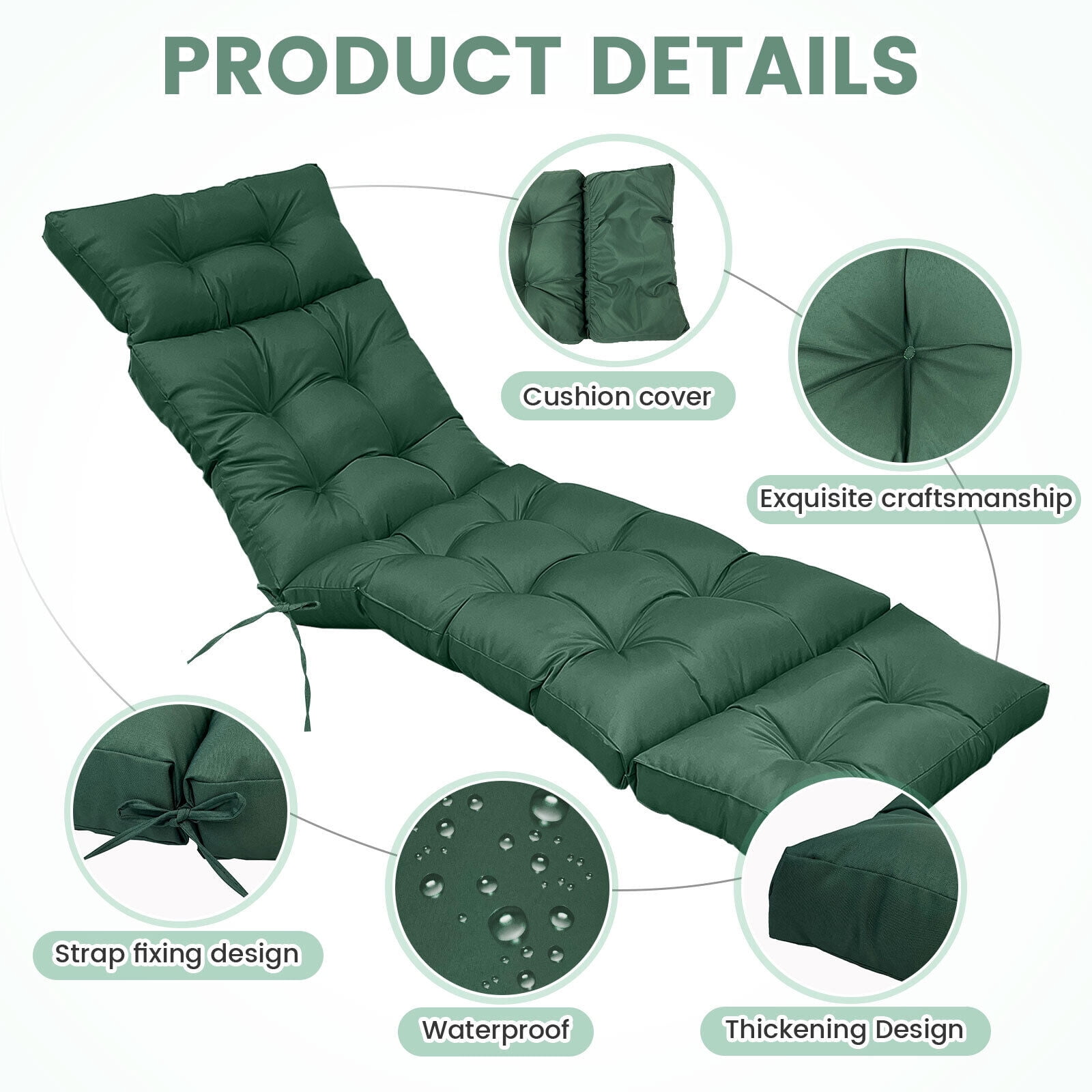 JIAN YA NA Lounge Chaise Chair Cushion Set of 2, Outdoor Indoor Seating Cushions Rocking Chair Padded with Ties (Dark Green)