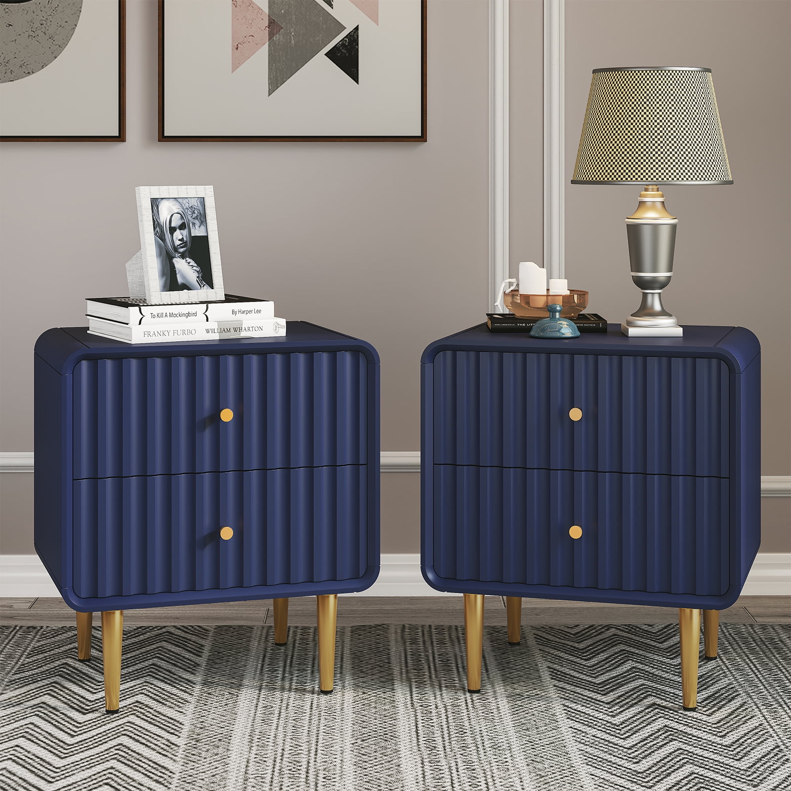 HLR Modern Fluted Wood Nightstand with 2 Drawers, Bedroom Blue Bed SideTable with Storage