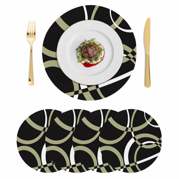 Black Geometric Round 15 Inch Placemats Set of 4, Modern Sage Green White Striped Art HeatResistant Non Slip Place Mats for Dining Table, Wipeable Braided Kitchen Table Mats for Housewarming