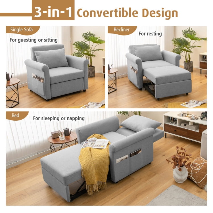 Finihen Sofa Bed, Convertible Recliner Sofa Chair, 3-in-1 Pull-out Convertible Adjustable Reclining Sofa Bed, for Living Room, Bedroom, Gray
