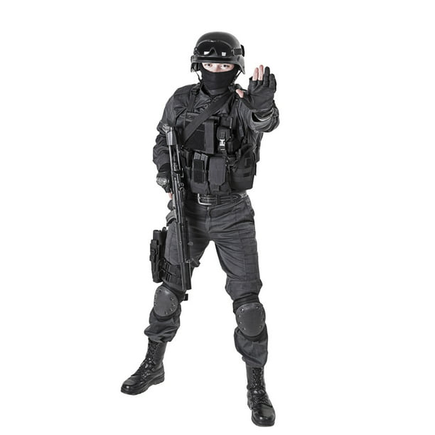 Spec ops police officer SWAT in black uniform, studio shot. Poster 