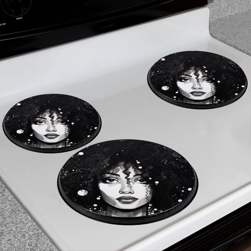 BaHomeck Electric Stove Burner Covers Set of 4,Round Metal Gas Stove Burner Covers 8 Inch and 10 Inch,Kitchen Decor,Beautiful Woman With Big Curly Hair And Detailed Face