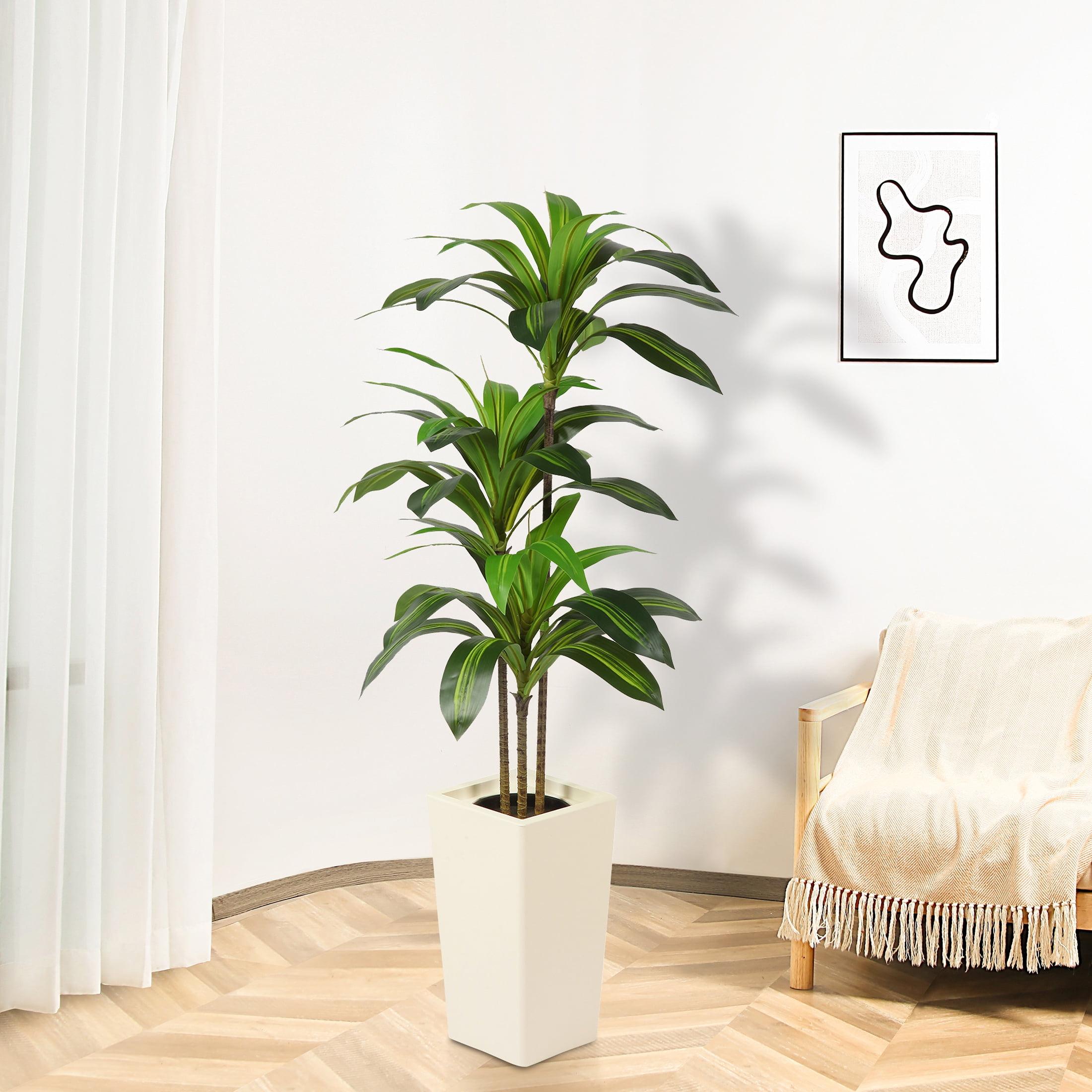 HiPlants 5 FT Artificial Dracaena Plant， Faux Dracaena Tree in White Taper Planter with River Rock, Tall Fake Trees with Adjustable Branches for Indoor Home Decor, Office, Pet-Friendly Spaces