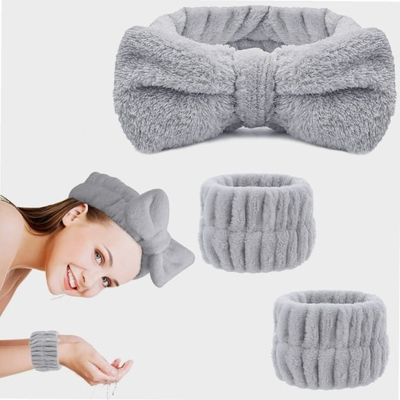 3Pcs Spa Headband Wrist Washband Set, Bowknot Hair Bands Makeup Headbands Women Coral Fleece Elastic Headband Washing Face Hair Wrap for Washing Face Shower Sports Beauty Skincare