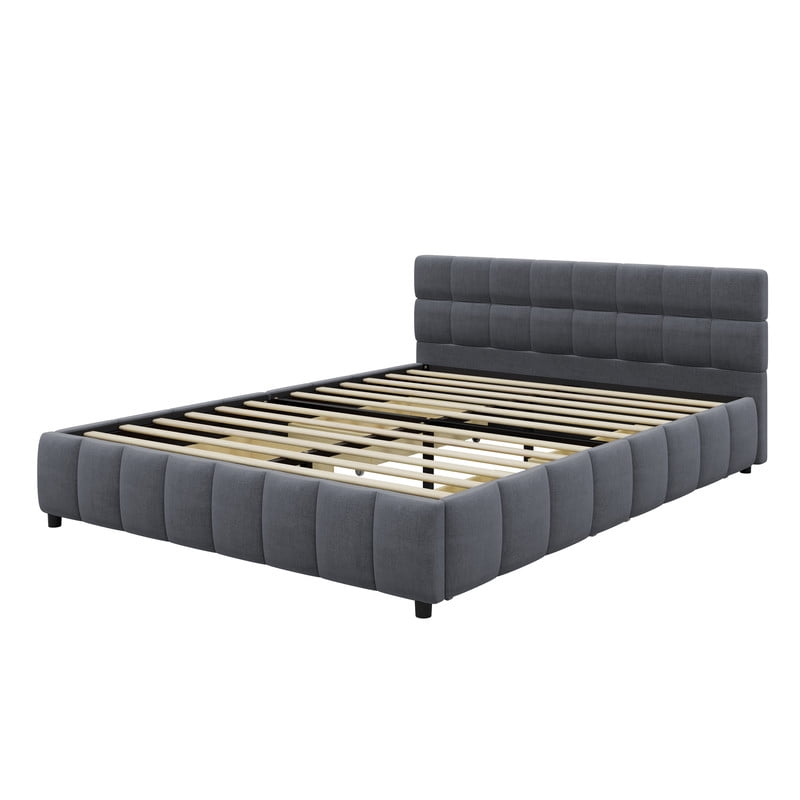 Queen Size Low Profile Platform Bed with Tufted Headboard, Linen Fabric Padded Storage Upholstered Bed Frame with 4 Drawers