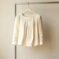 thumbnail image 4 of Womens Solid Pleated Crewneck 3/4 Sleeve Shirt Casual Spring Fall Y2K Vintage Comfy Basic Trendy Office Work Beige L, 4 of 5