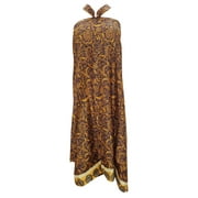 Mogul Women Magic Wrap Skirt Brown Ethnic Print Silk Sari Two Layer Reversible Beach Dress
