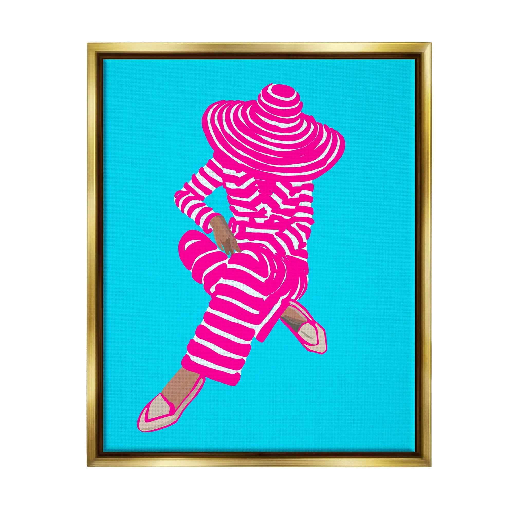 Stupell Industries Stripe Pattern Pop Style Fashion Woman Sitting Graphic Art Metallic Gold Floating Framed Canvas Print Wall Art, Design by Amelia Noyes