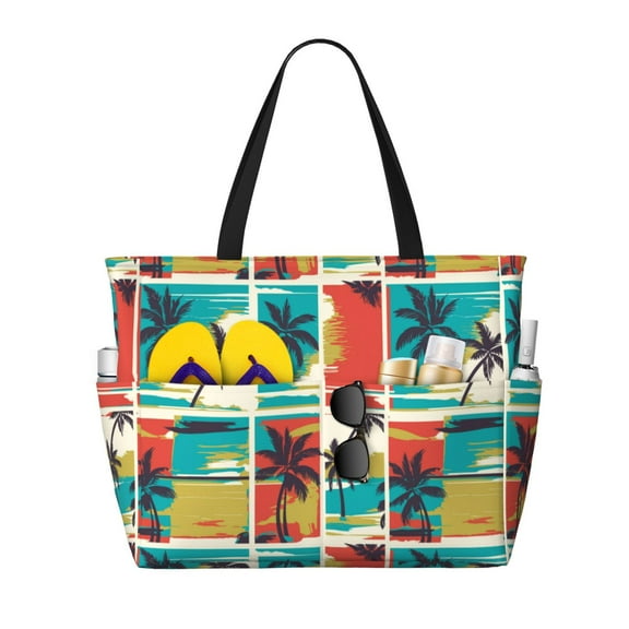 Rocae Colorful Hawaii Palms for Large Women's Waterproof Beach Bag Tote with 7 Pockets Pool Bag for Travel Gym Vacation