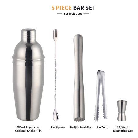 

Stainless Steel Cocktail Set 750ml Cocktail Shaker Set with Measuring Cup Ice Filter Strainer Bartender Kit Bar Set 1-5 Pieces