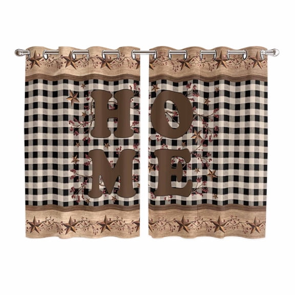 Farmhouse Kitchen Curtains Window Panels, Vintage Country Texas Star Plaid Wooden Grain Insulated Window Treatment Curtain, Grommet Curtains for Bedroom/Living Room/Bathroom, 2 Piece 52"Wx72"L