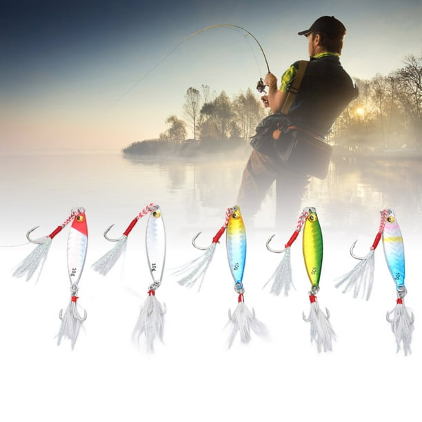 Ecomeon Jig Baits With Feather,jig Fishing Bait,5pcs 10g Jig Fishing Lure Metal Jig Baits Artificial Lure With Feather Hooks Fishing Tackles For Bass