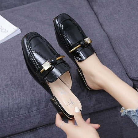 

Womens Mules Flats Square Head Toe Backless Loafers Slip On Metal Chain Slides Sandals