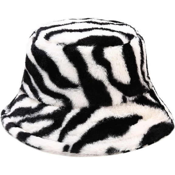 Zhengup Winter Plush Bucket Hat Warm Zebra Animal Print Fisherman Cap