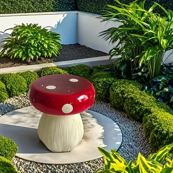 13.8" Oversized Mushroom Statue Stool, Resin Garden Stool with Forest Base Indoor Outdoor Decor