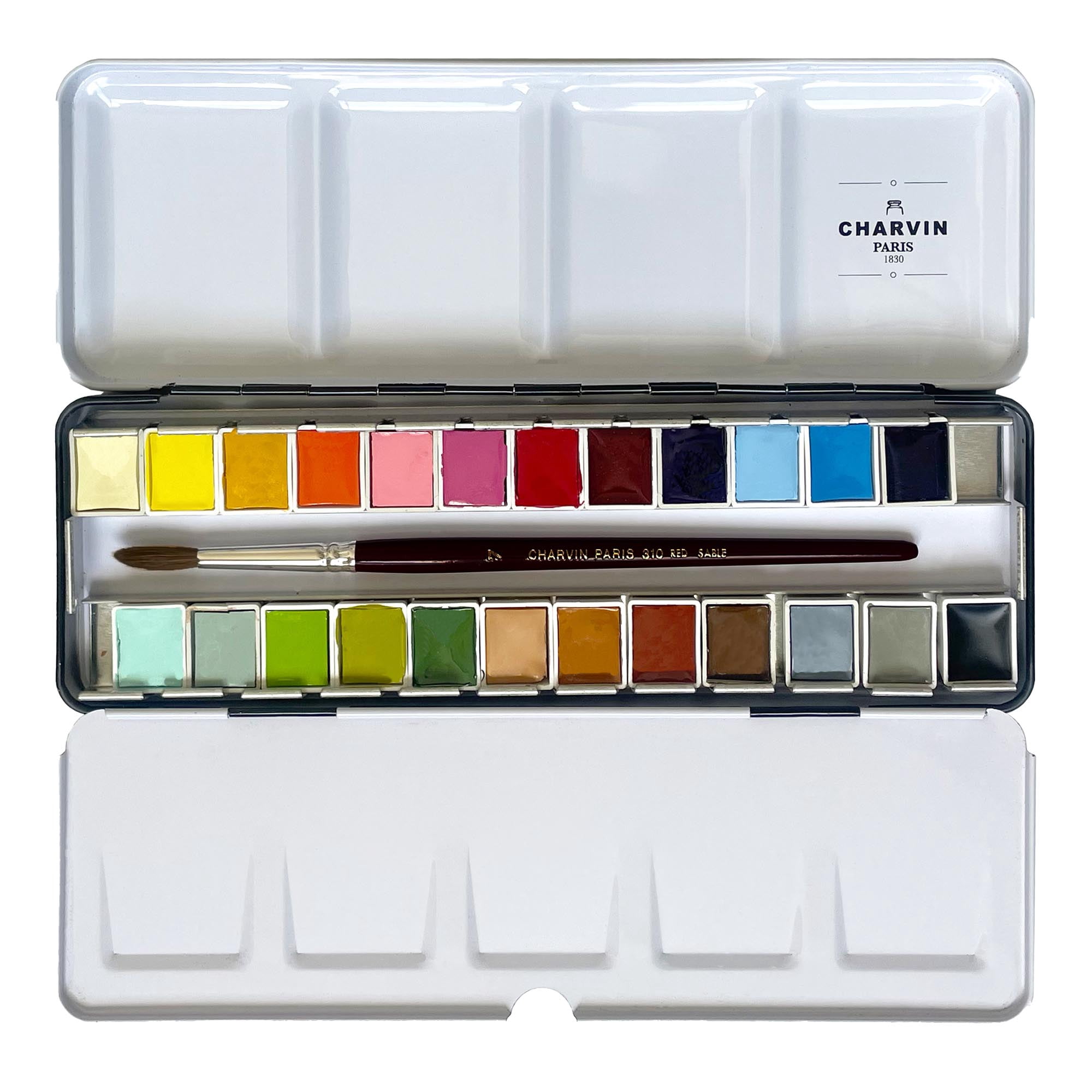 Charvin Extra-Fine Professional Watercolor Paint Set -  Watercolor Half Pan Set of 24, Made in France, Smooth Shellac-Like Finish, Transparent Pigments, Ideal for Layering & Mixed Media