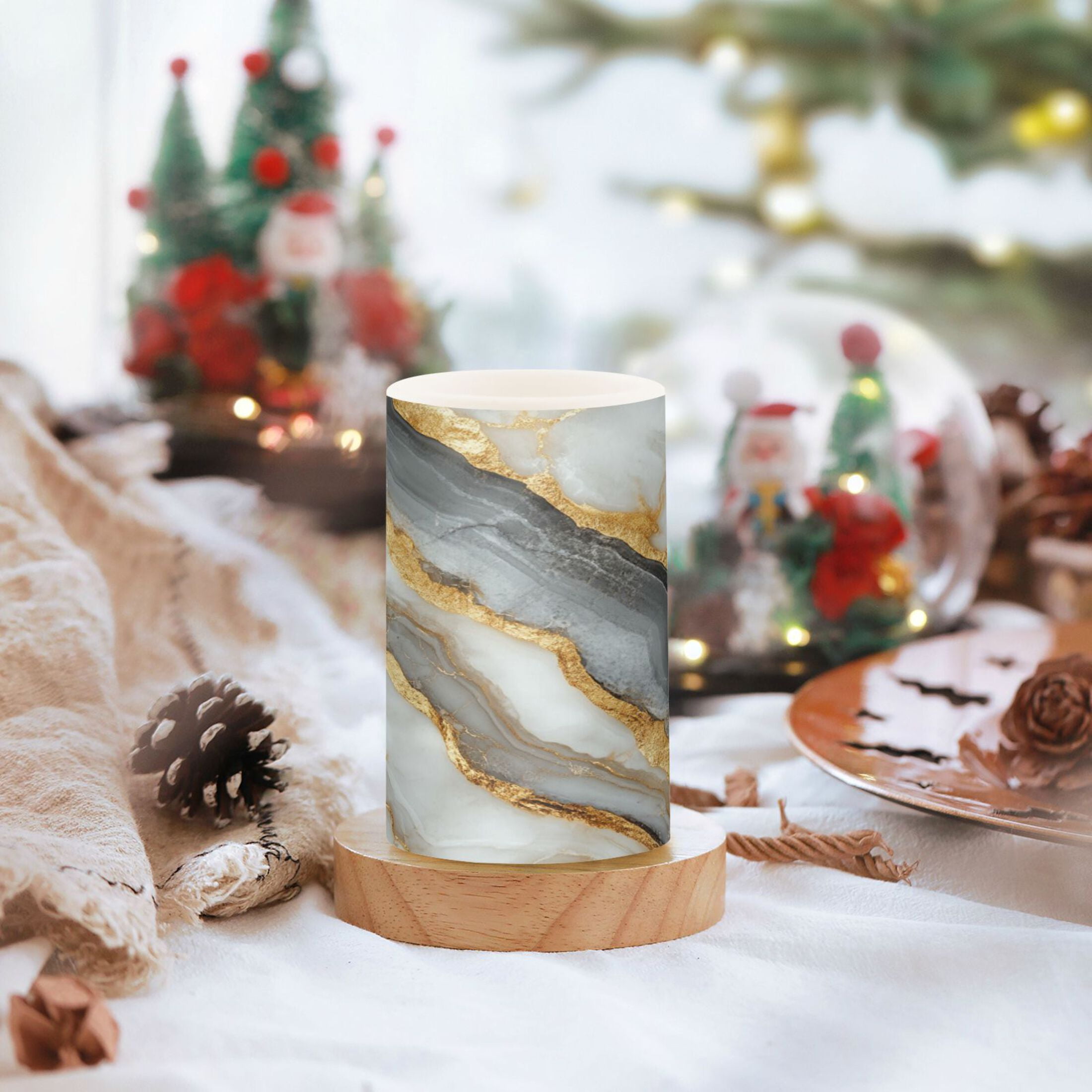 Wobogo Black Gold Marble Pattern Combo Flameless Flickering Candle Light with Remote Control and Timer for Romantic Atmosphere