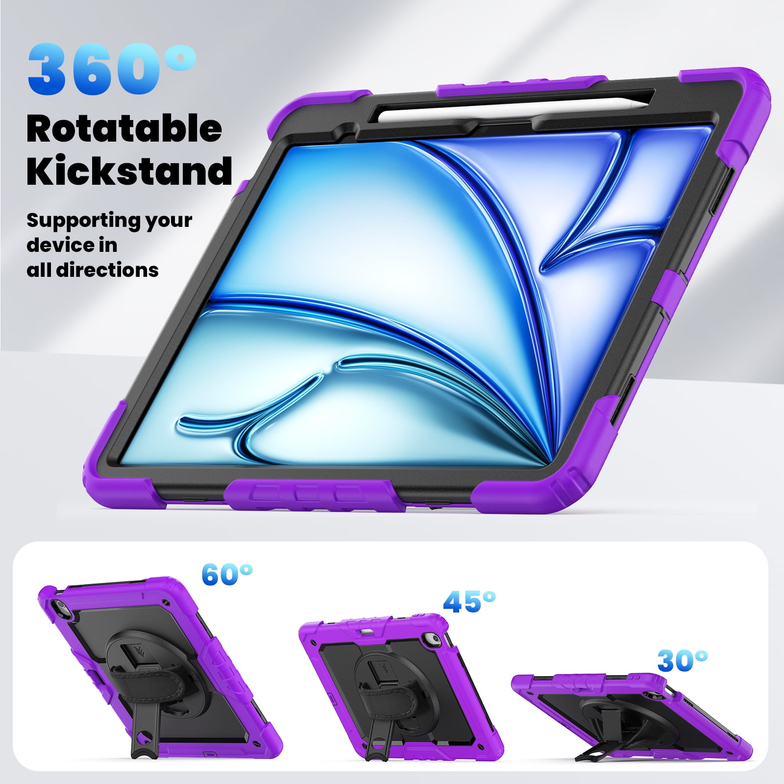 Allytechgroup iPad Air 13 2024 Case with Screen Protector / Shoulder Strap/ Pencil Holder, Heavy Duty Shockproof Rugged Handle Kickstand Bumper Case Cover for Apple iPad Air 13 Inch 2024 M2,Purple