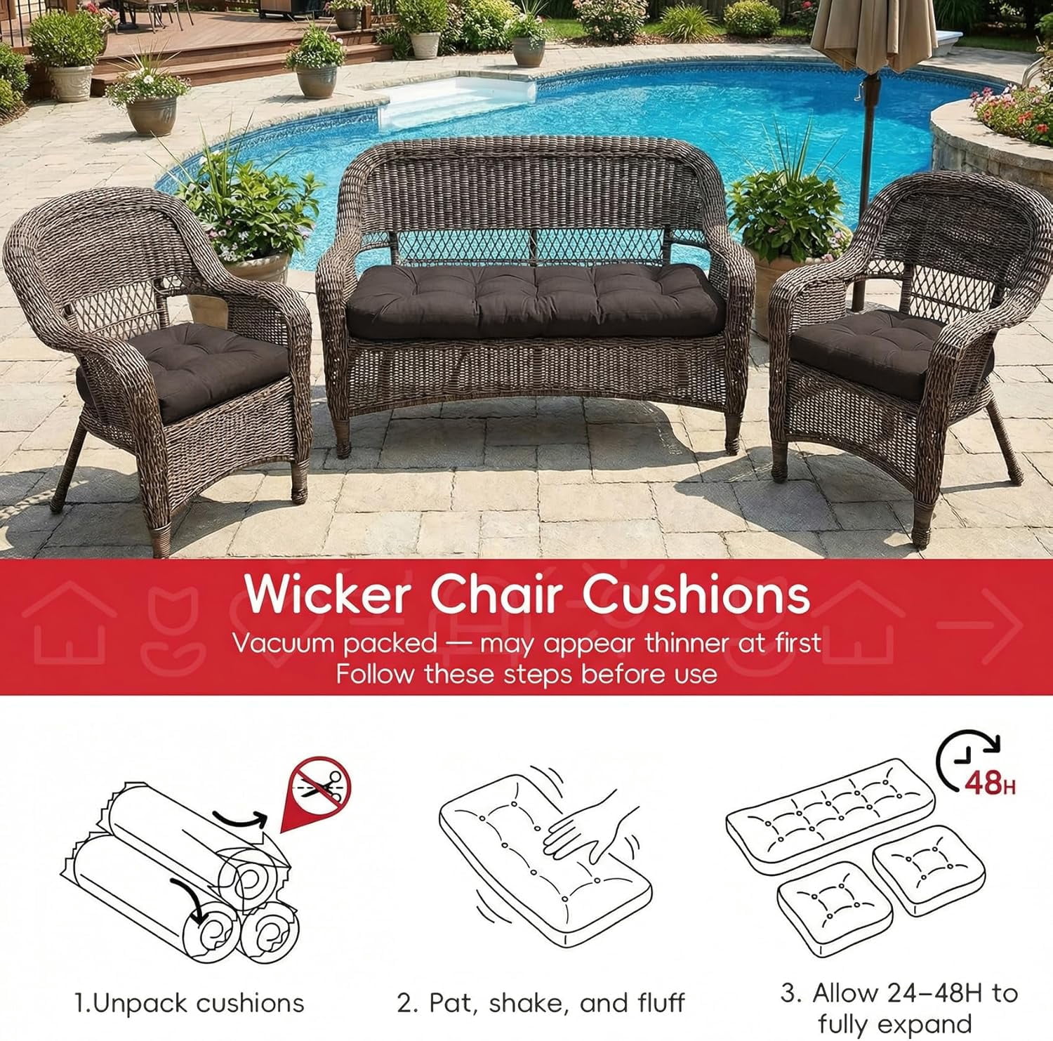 Wicker Furniture Cushions Set of 3, Waterproof Outdoor Loveseat Cushions for Patio Furniture, 4 Inch Thick Tufted Non-Slip Outdoor Cushions for Wicker Patio Furniture (Deep Coffee, 44" x 19")