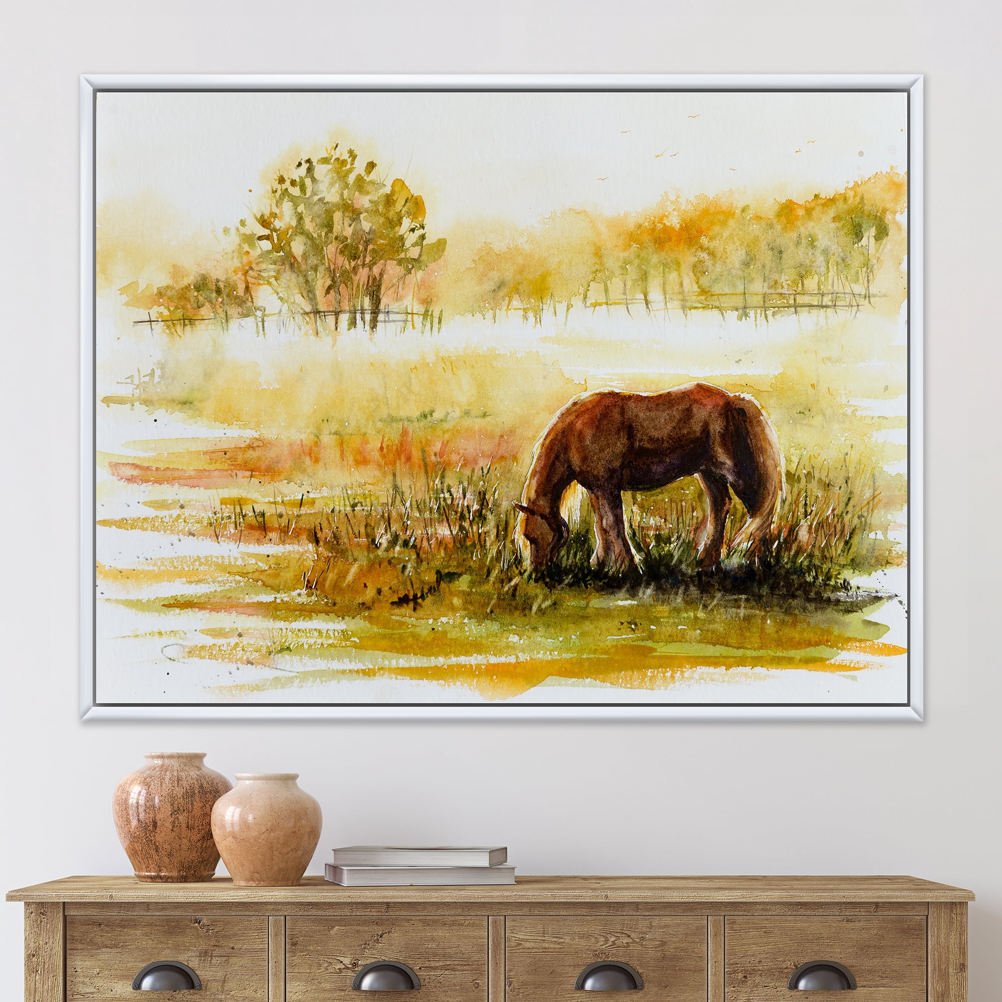 Designart 'Horse Eating Grass On A Meadow' Farmhouse Framed Canvas Wall Art Print