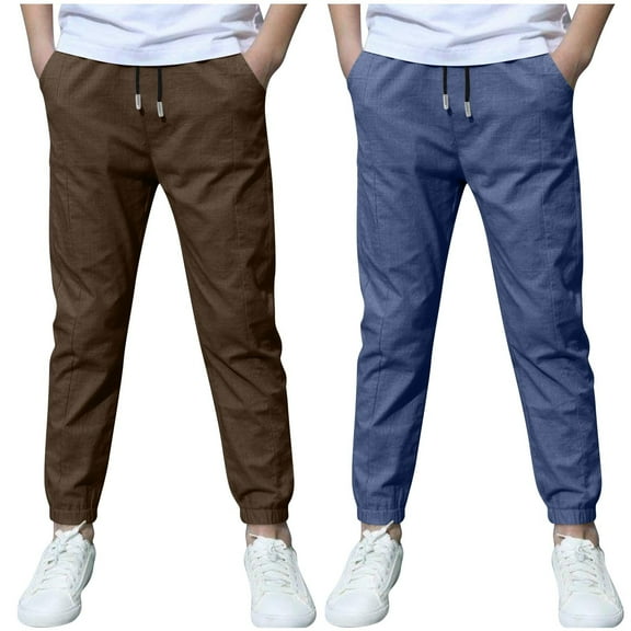ZACPNCV 2 Pack Boys Linen Pants Summer Chino Pants Drawstring Trousers Lightweight Athletic Pant Casual Pant School Uniform Blue 11-12 Years