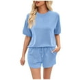 thumbnail image 2 of Mqqzkk Two Piece Sets for Women Summer Textured Short Sleeve Lounge Set Crewneck Tops Drawstring Shorts Tracksuit Outfits, 2 of 7