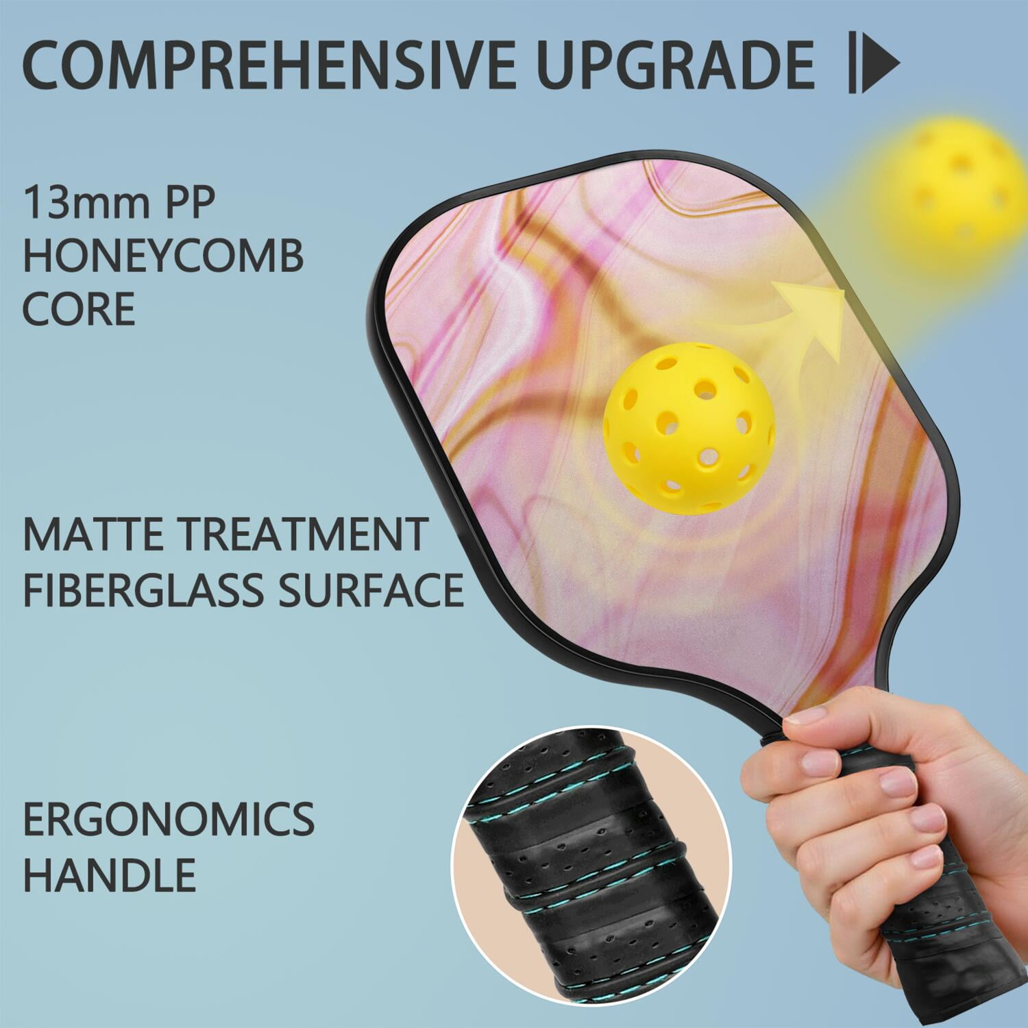 Pickleball Paddles Set Of 1, Fiberglass Surface, Liquid & Marble Print, 1 Paddles, 2 Balls & Bag