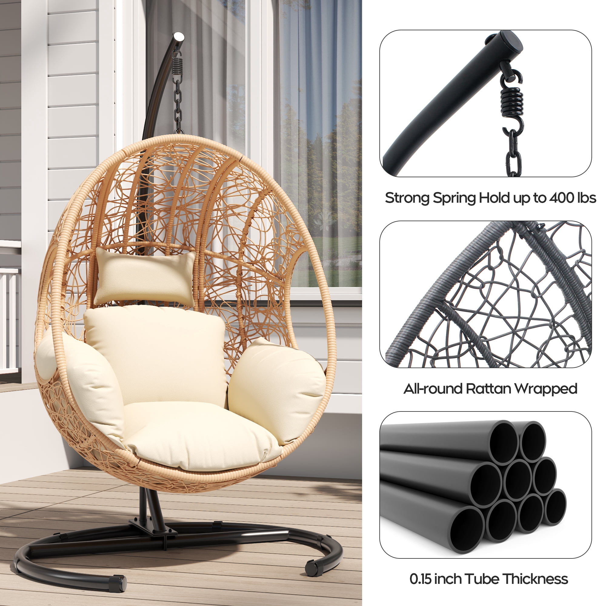 avobird 42" Wide U-Base Hanging Egg Chair, Patio Swing with 8-Inch Cushion Weatherproof PE Rattan & Waterproof Cover, Suitable for use in outdoor gardens and on balconies, Natural-2