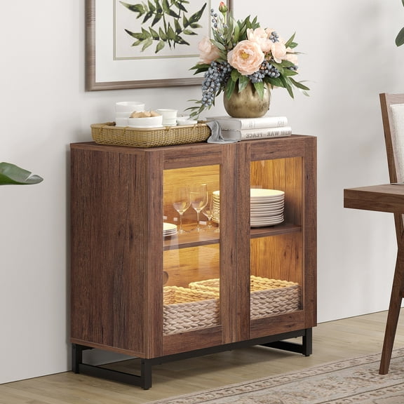 Modern Sideboard Buffet Cabinet with Glass Doors and Adjustable Shelf Coffee Bar Storage Cabinet for Living Room Kitchen,Brown