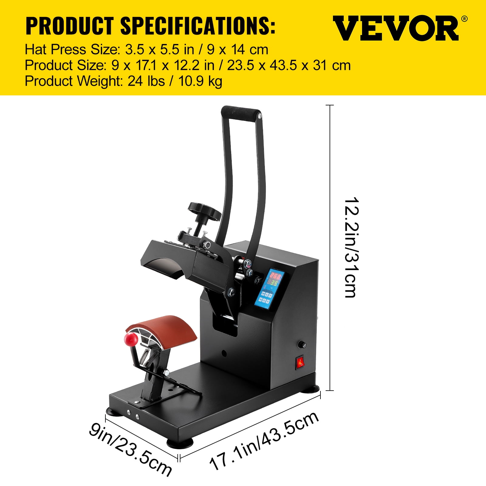 VEVOR Heat Press 6x3.75Inch Curved Element Hat Press Clamshell Design Heat Press for Hats Rigid Steel Frame No Stick Digital LCD Timer and Temperature Control (6x3.75Inch Clamshell Design)