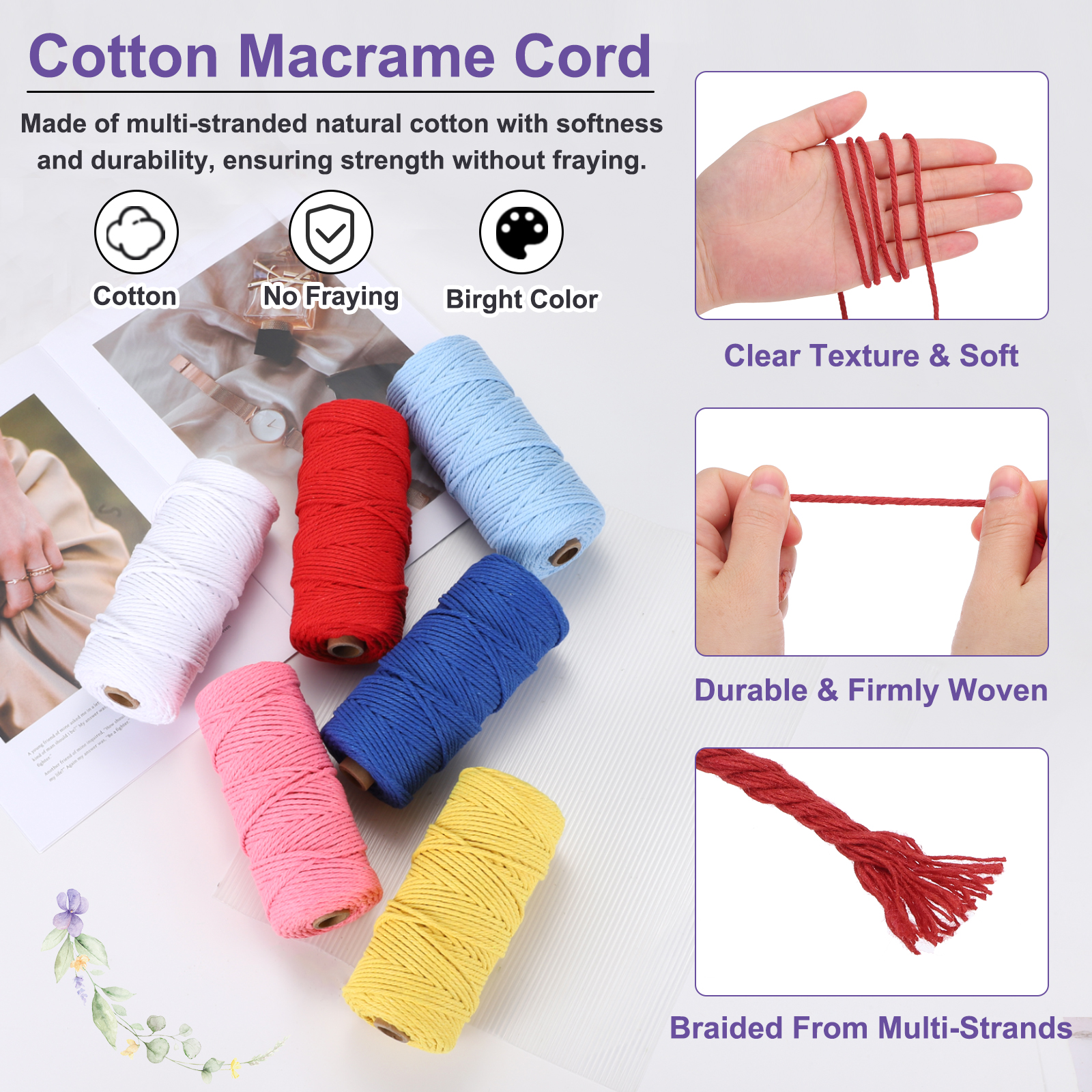 Braided Macrame Cord, 3mm x 109 Yards Natural Cotton Rope Macrame Yarn Bohemia Craft String with Scissors(Red)