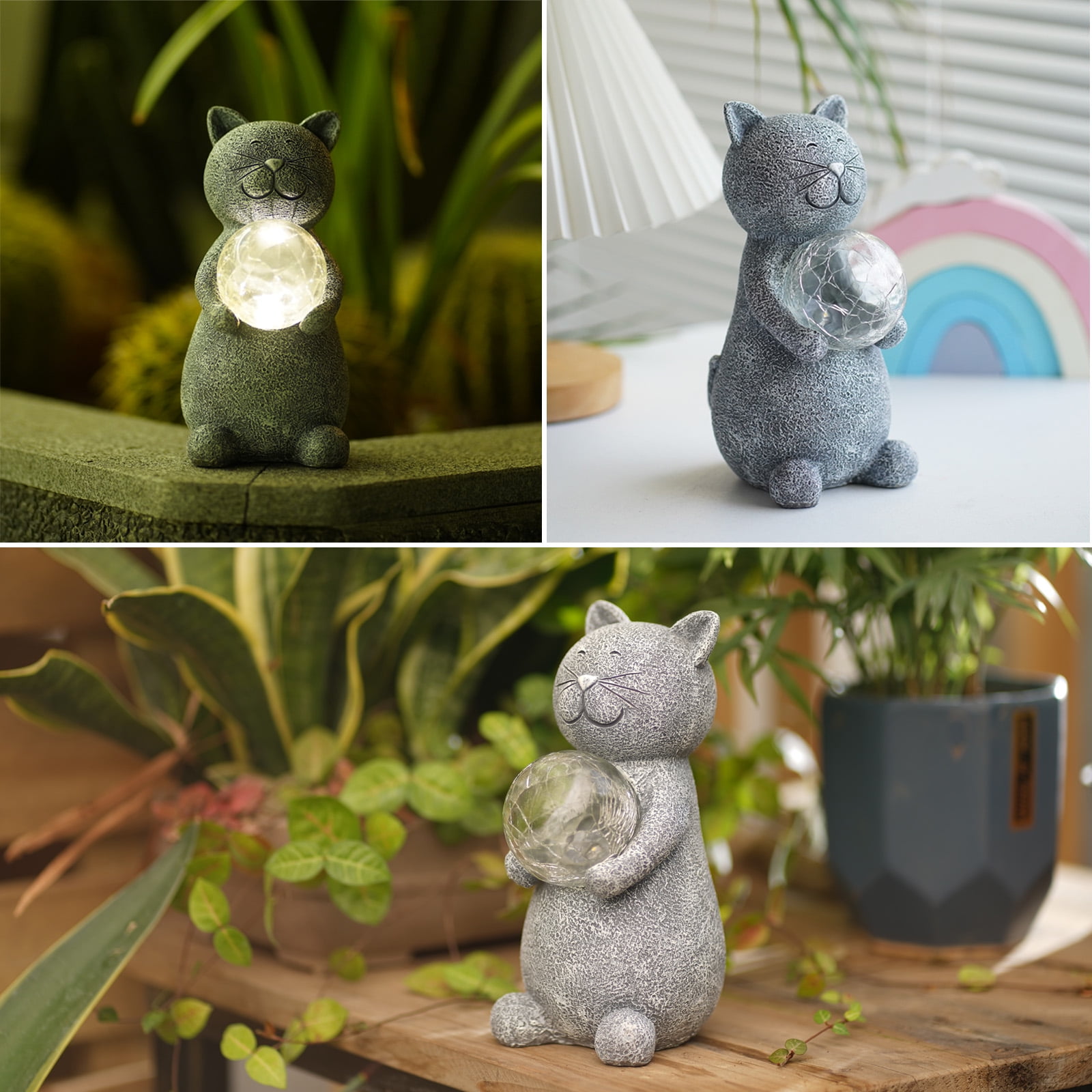 Goodeco Cat Statue Garden Decor Solar Powered LED Lights - Cats Figurines with Gazing Solar Ball Decorations for Patio Lawn Yard Decor - Gifts for Women/Mom Birthday Grey
