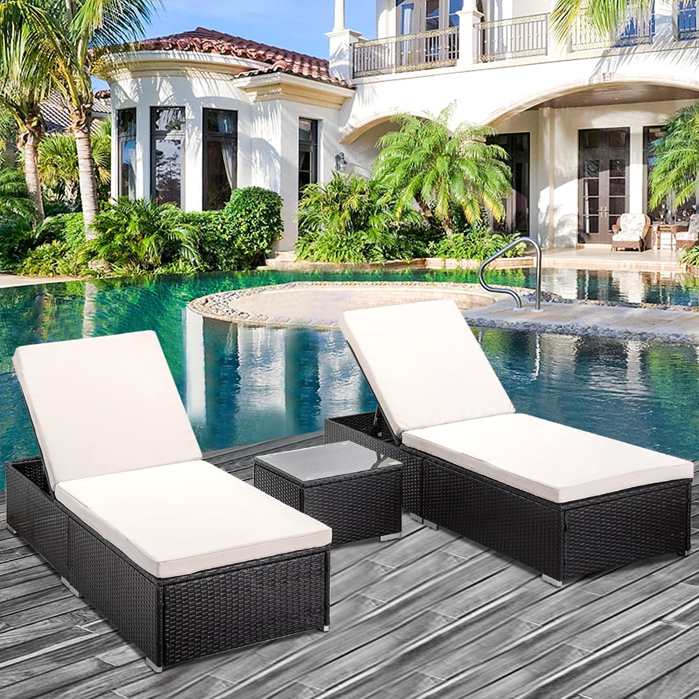 Patio Lounge Chairs Set of 2, Outdoor Chaise Lounges Chairs with with Canopy, Cup Table, 5