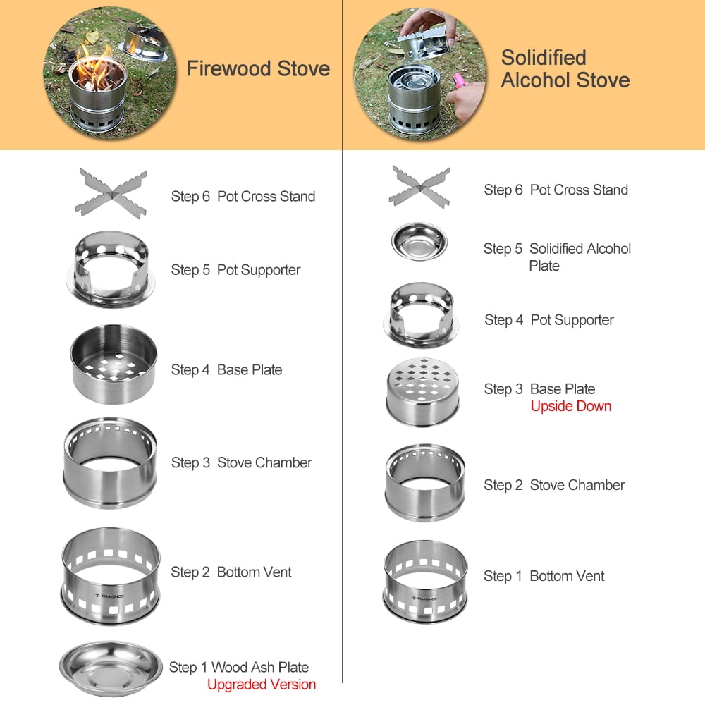 TOMSHOO Upgrade Camping Stove /& Backpacking Stove with Wood Ash Plate /& Foldable Handle Portable Folding Windproof Wood Burning Stove Compact Stainless Steel Alcohol Stove Outdoor Camping