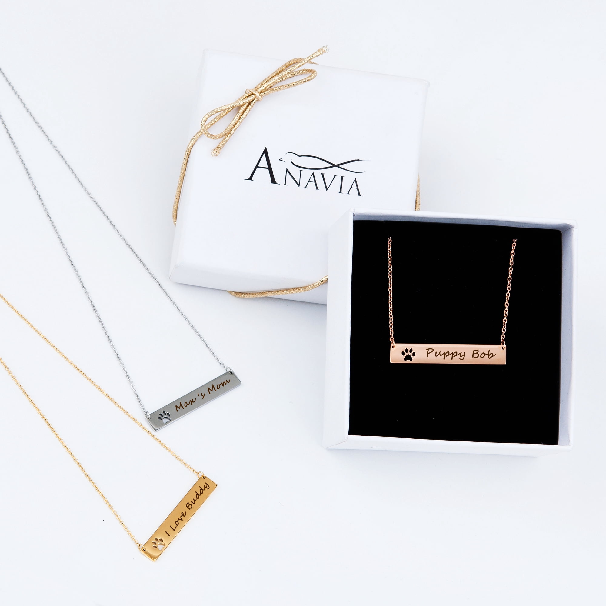 Anavia Personalized Paw Print Bar Name Necklace - Engrave Name Necklace - Stainless Steel - Birthday Gift for Her