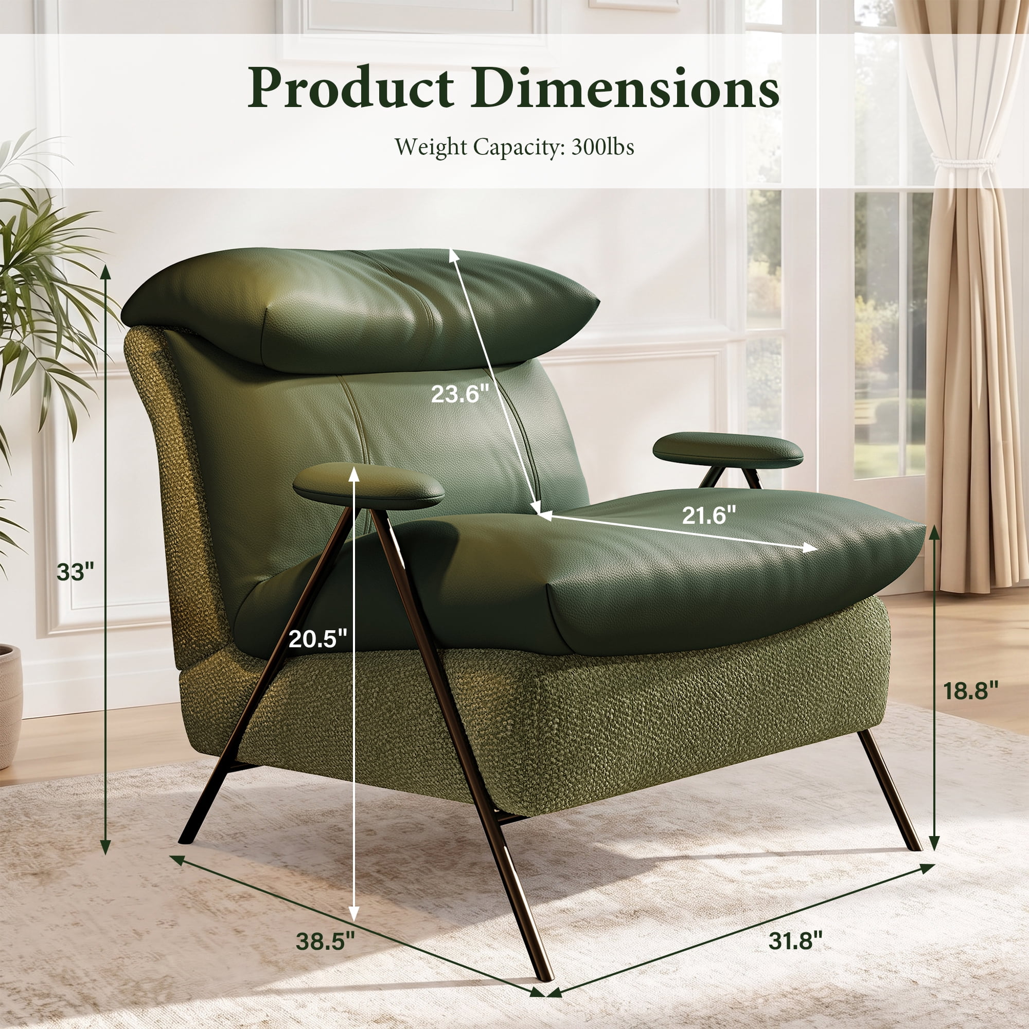 Aukfa PU Accent Chair, Modern Upholstered Armchair with Thick Padded Seat and Back for Living Room & Bedroom, Green