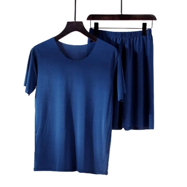 Conjunto de pijamas para hombre, ropa interior elástica de manga corta con cuello redondo, Color sólido, para dormir, 2 unidades