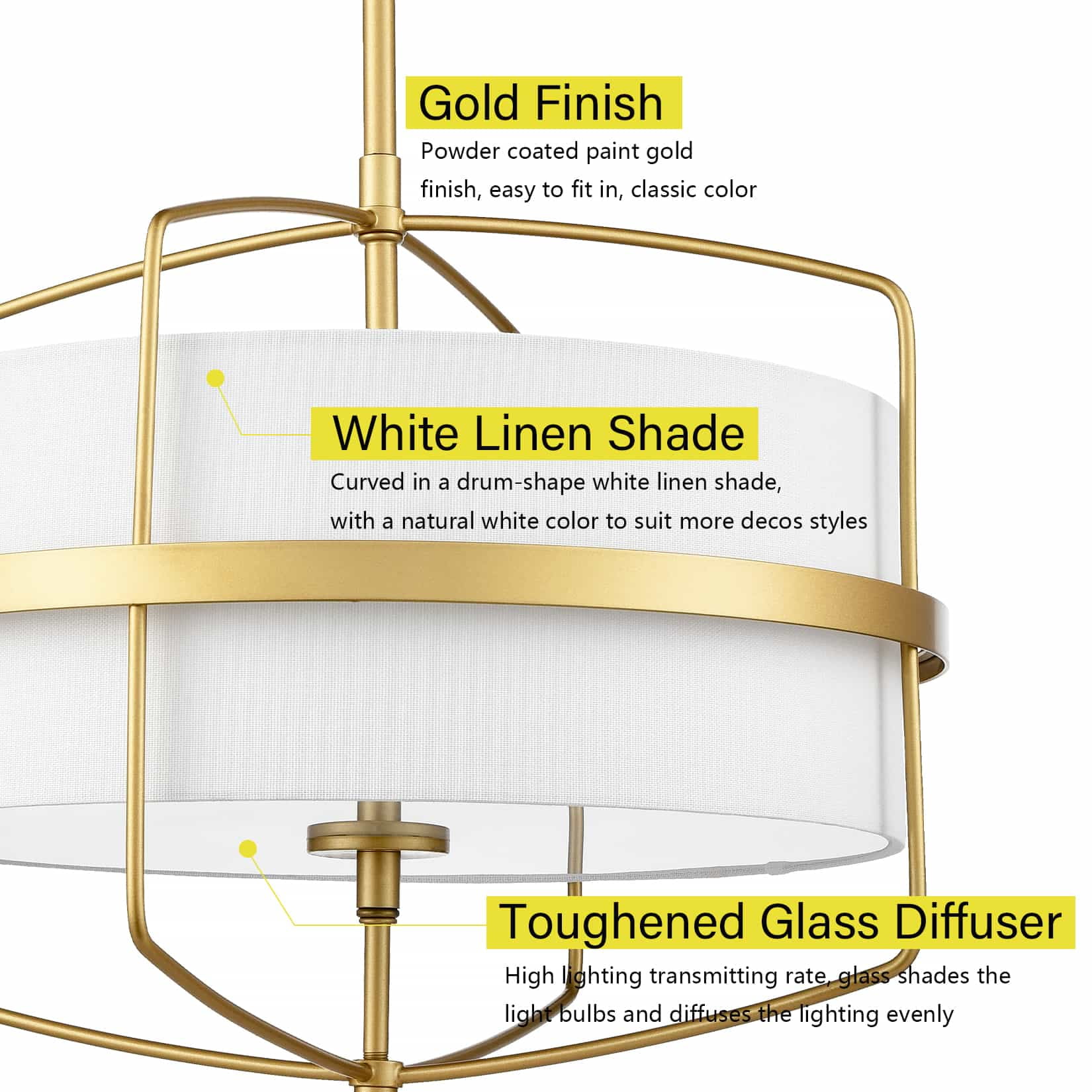 Modern Gold Chandelier Light 3-Light Drum Shade Pendant Light Fixture for Dining Room