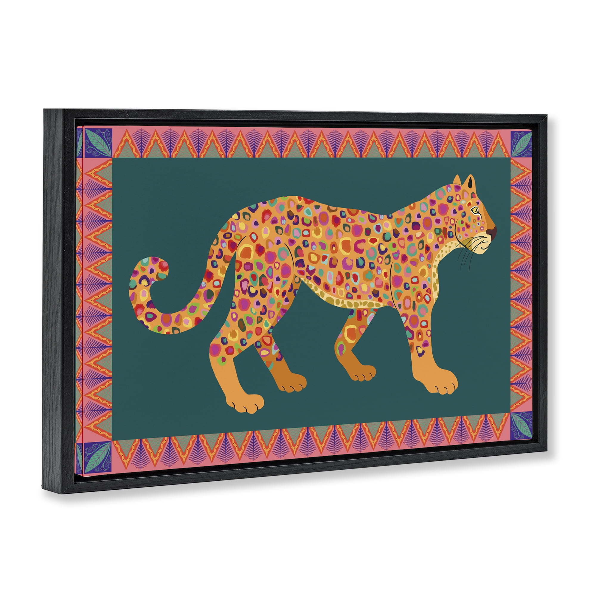 Stupell Industries Bold Patterned Lion Animals Painting Black Floater Framed Canvas Art Print Wall Art, 31 x 21